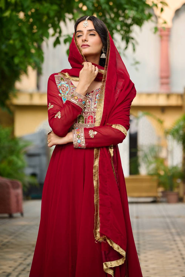 Maroon Embroidered Georgette Gown