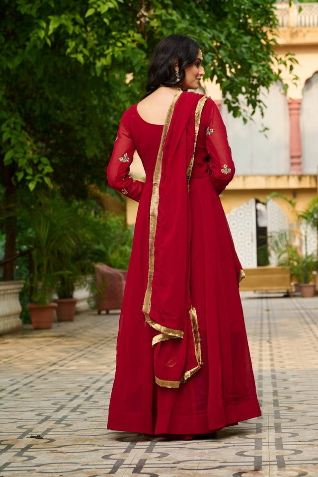 Maroon Embroidered Georgette Gown