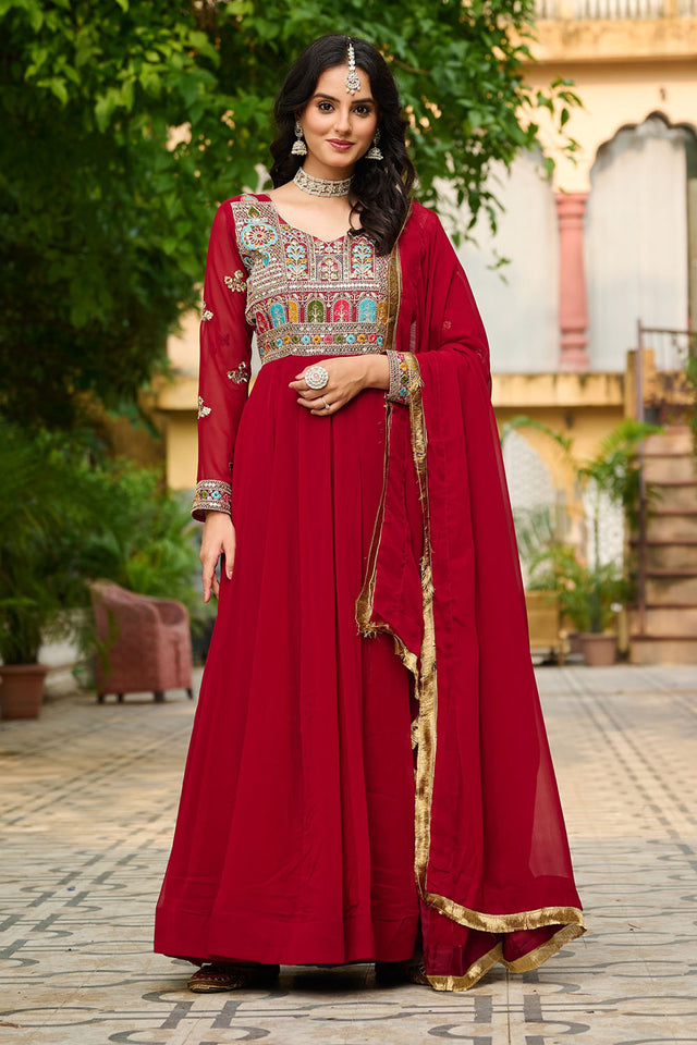 Maroon Embroidered Georgette Gown