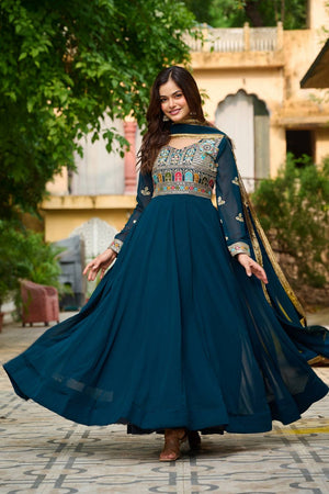 Turquoise Embroidered Georgette Gown
