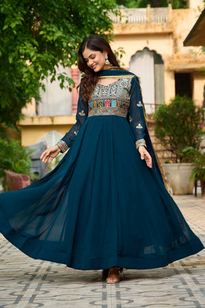 Turquoise Embroidered Georgette Gown