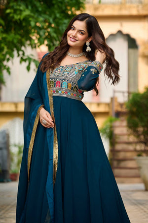 Turquoise Embroidered Georgette Gown