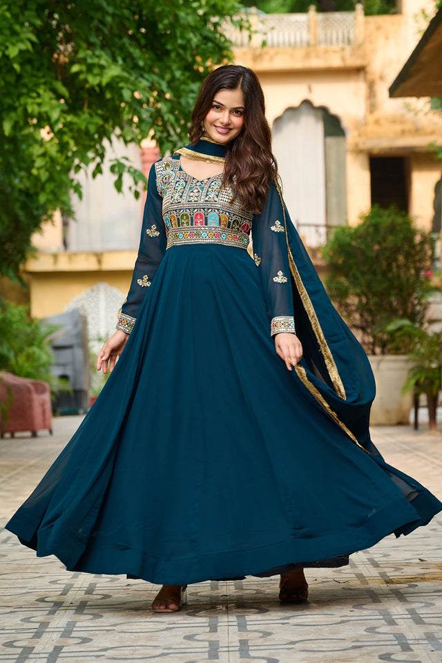 Turquoise Embroidered Georgette Gown
