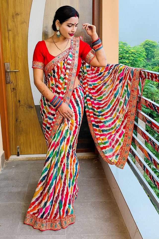 Multi Color Printed Georgette Saree (Leheriya)