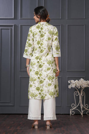 Green Floral Printed Rayon Kurti Pant Set