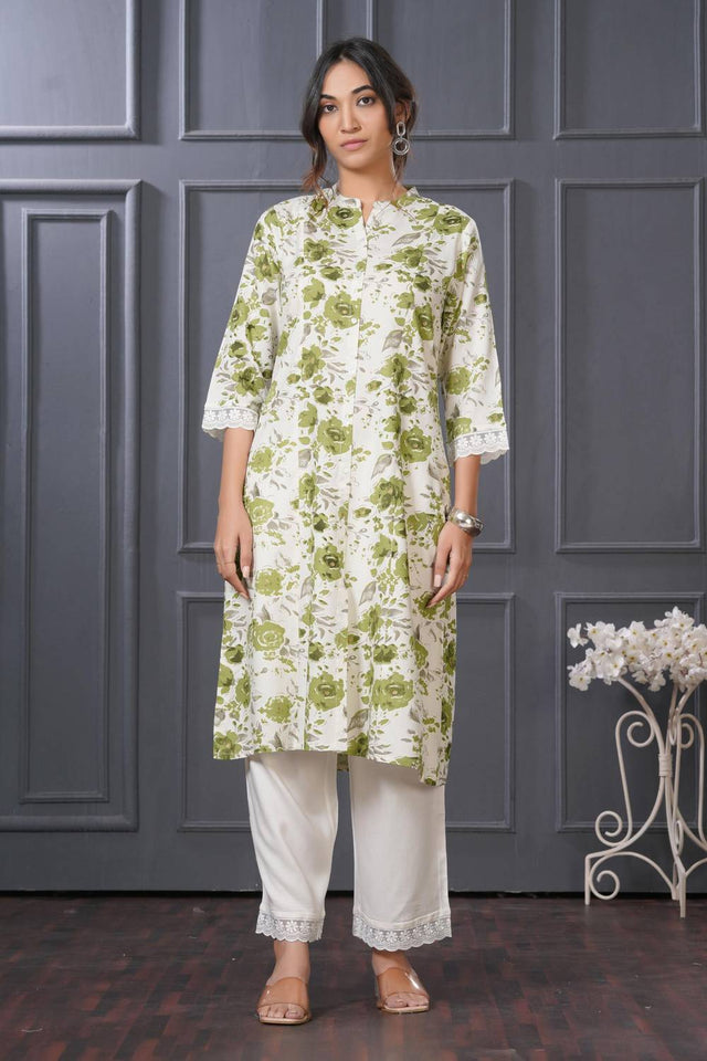 Green Floral Printed Rayon Kurti Pant Set