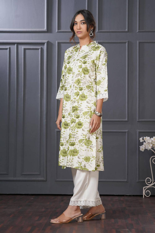 Green Floral Printed Rayon Kurti Pant Set