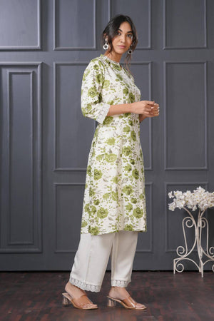 Green Floral Printed Rayon Kurti Pant Set