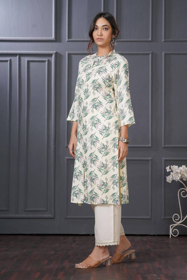 Green Floral Printed Rayon Kurti Pant Set