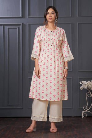 Pink Printed Rayon Kurti Pant Set