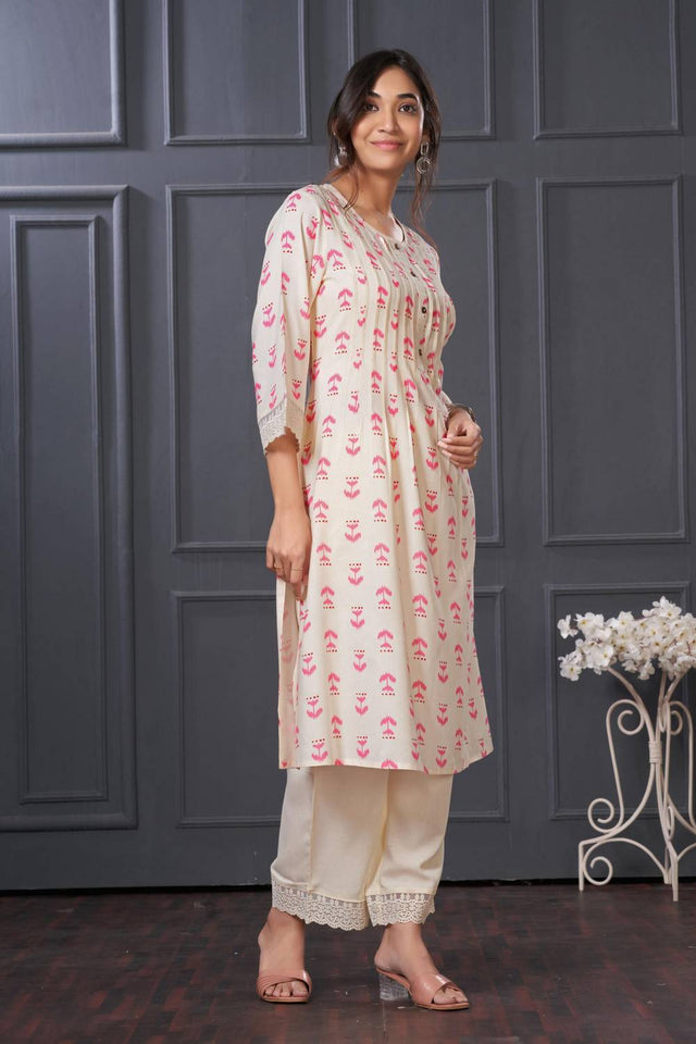 Pink Printed Rayon Kurti Pant Set