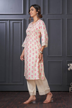 Pink Printed Rayon Kurti Pant Set