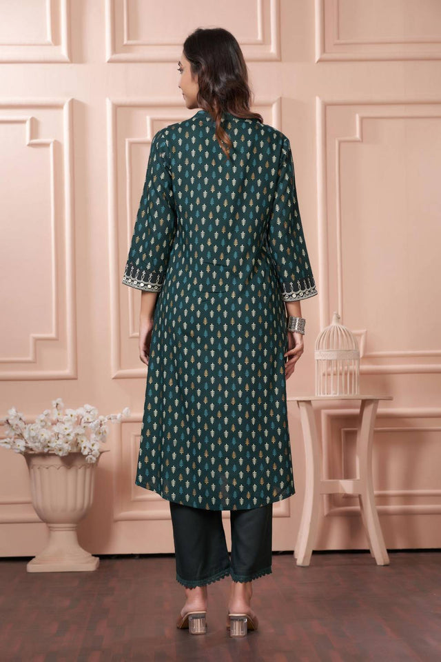 Green Printed Rayon Kurti Pant Set