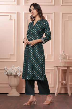 Green Printed Rayon Kurti Pant Set