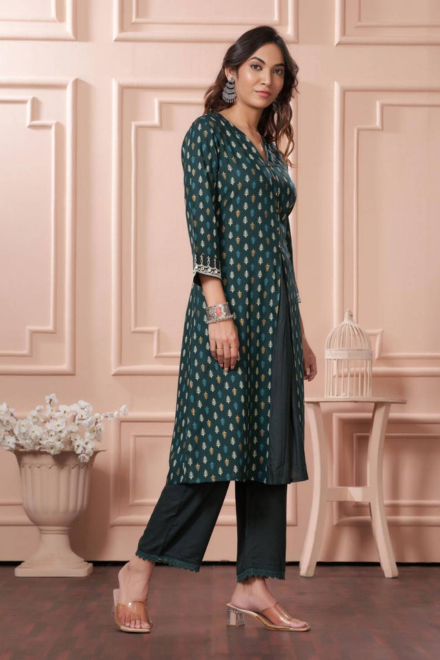 Green Printed Rayon Kurti Pant Set