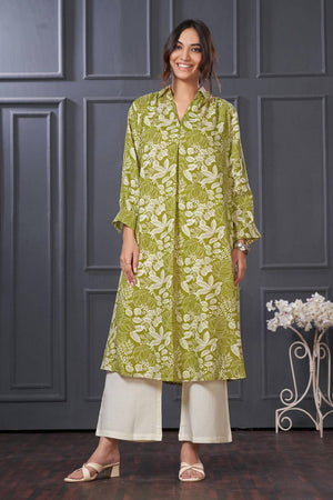 Green Printed Rayon Kurti Pant Set
