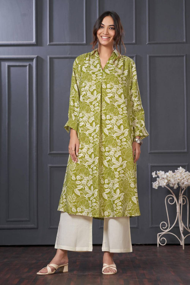 Green Printed Rayon Kurti Pant Set