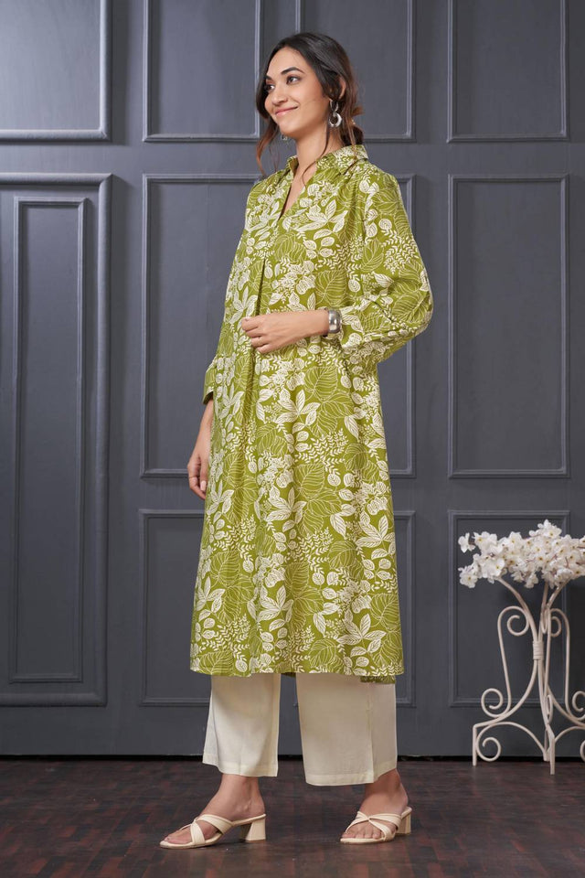 Green Printed Rayon Kurti Pant Set
