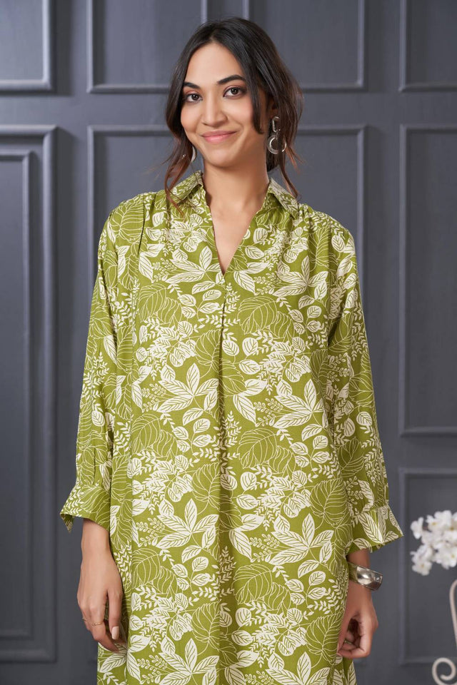 Green Printed Rayon Kurti Pant Set