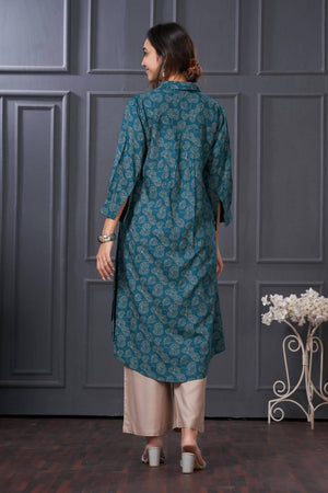 Turquoise Printed Rayon Kurti Pant Set
