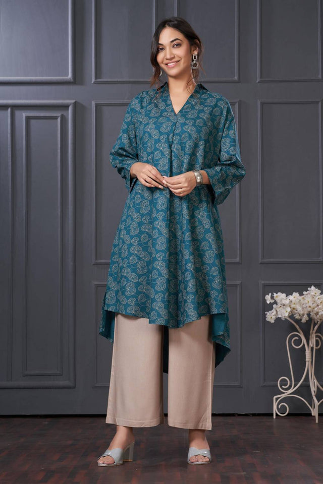 Turquoise Printed Rayon Kurti Pant Set
