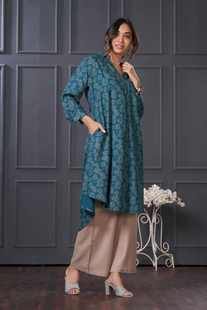 Turquoise Printed Rayon Kurti Pant Set