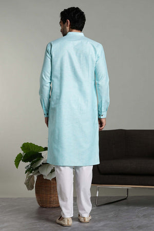 Mens Blue Solid Cotton Linen Kurta Set