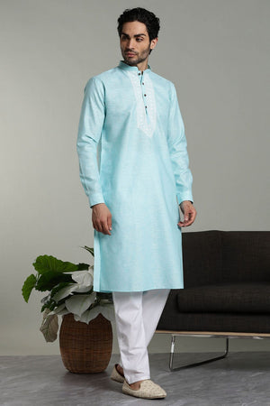 Mens Blue Solid Cotton Linen Kurta Set