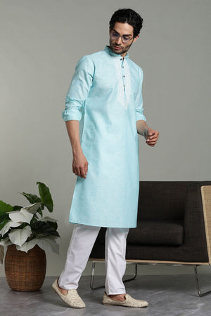 Mens Blue Solid Cotton Linen Kurta Set