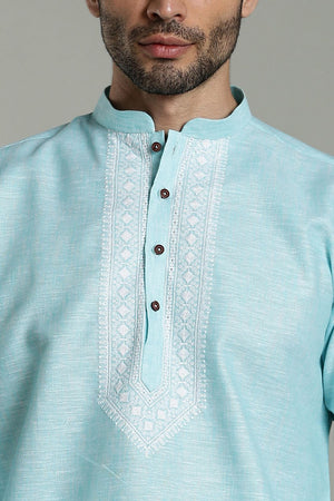 Mens Blue Solid Cotton Linen Kurta Set