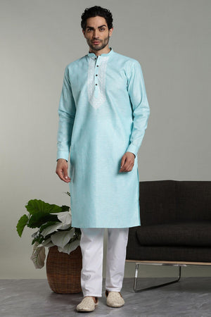 Mens Blue Solid Cotton Linen Kurta Set