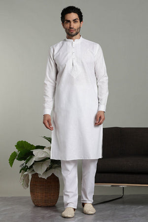 Mens White Solid Cotton Linen Kurta Set