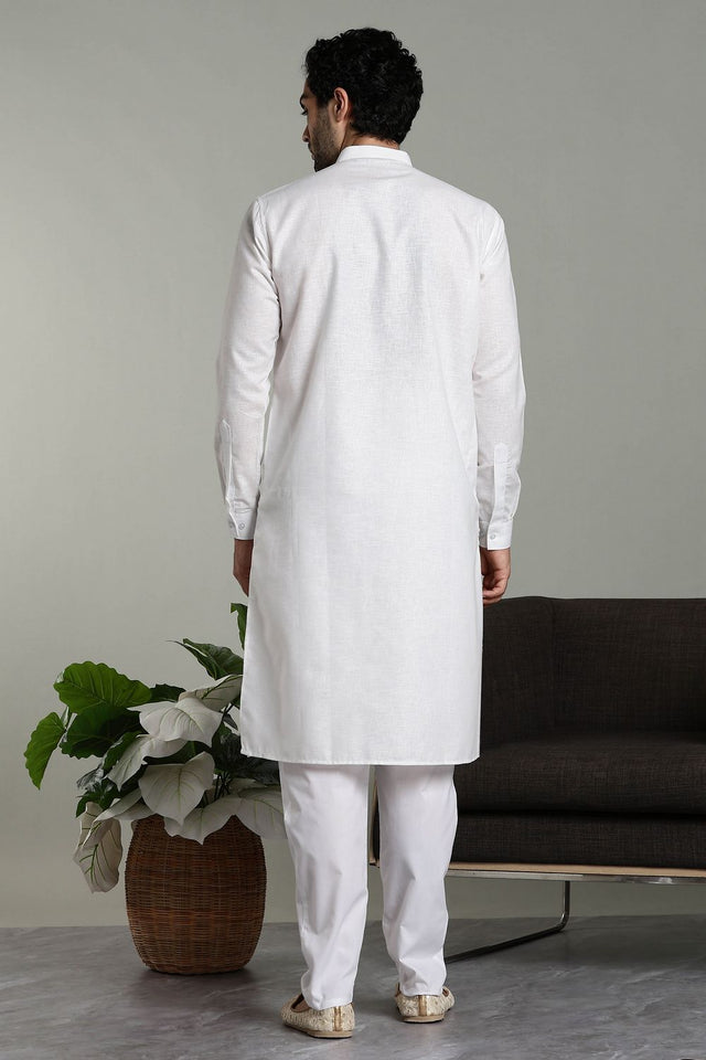 Mens White Solid Cotton Linen Kurta Set