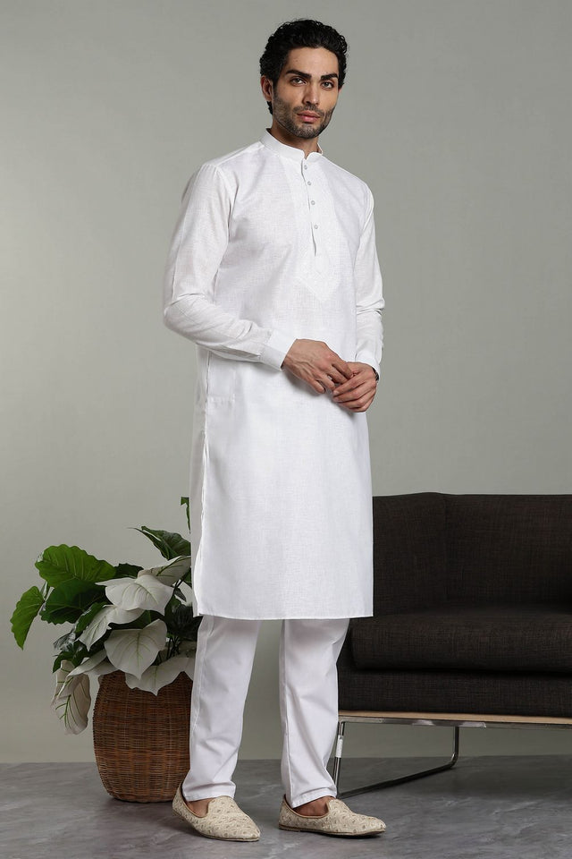 Mens White Solid Cotton Linen Kurta Set