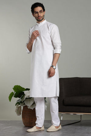 Mens White Solid Cotton Linen Kurta Set