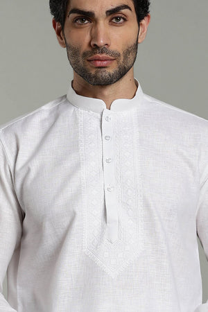 Mens White Solid Cotton Linen Kurta Set