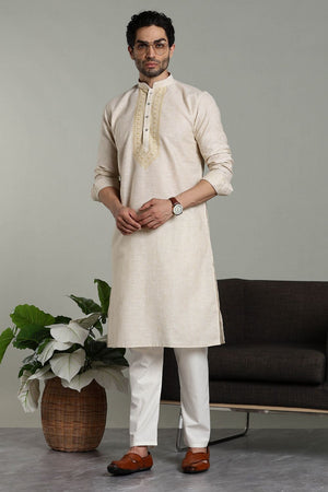 Mens Brown Solid Cotton Linen Kurta Set