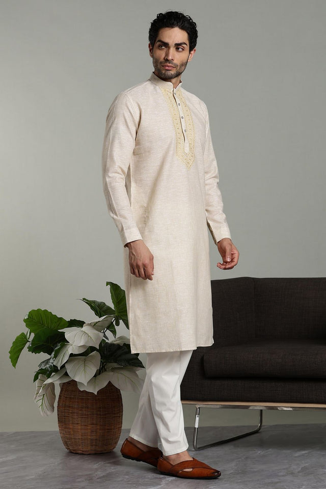 Mens Brown Solid Cotton Linen Kurta Set