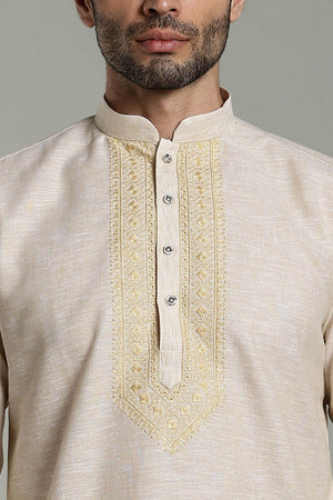 Mens Brown Solid Cotton Linen Kurta Set