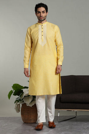 Mens Yellow Solid Cotton Linen Kurta Set