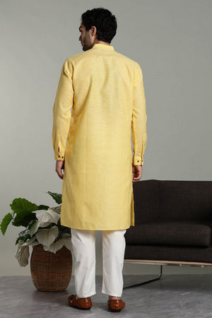 Mens Yellow Solid Cotton Linen Kurta Set