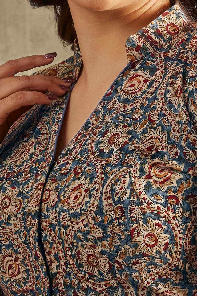 Beige Cotton Printed Short Sleeves Blouse