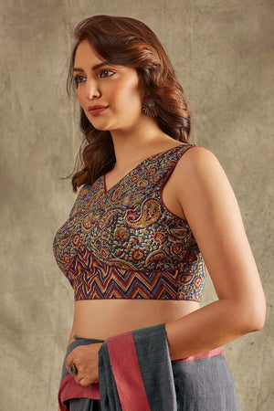 Beige Cotton Printed Sleeveless Blouse