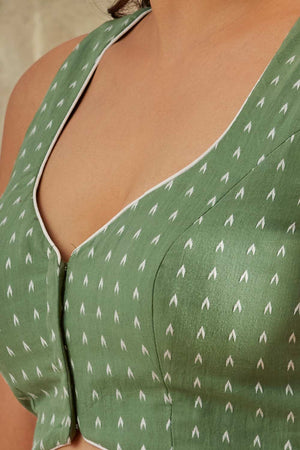 Green Cotton Printed Sleeveless Blouse