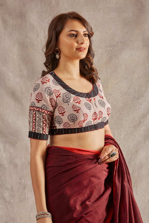 Beige Cotton Printed Short Sleeves Blouse