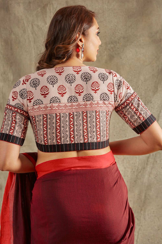 Beige Cotton Printed Short Sleeves Blouse