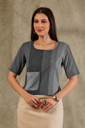 Grey Cotton Printed Elbow Sleeves Blouse