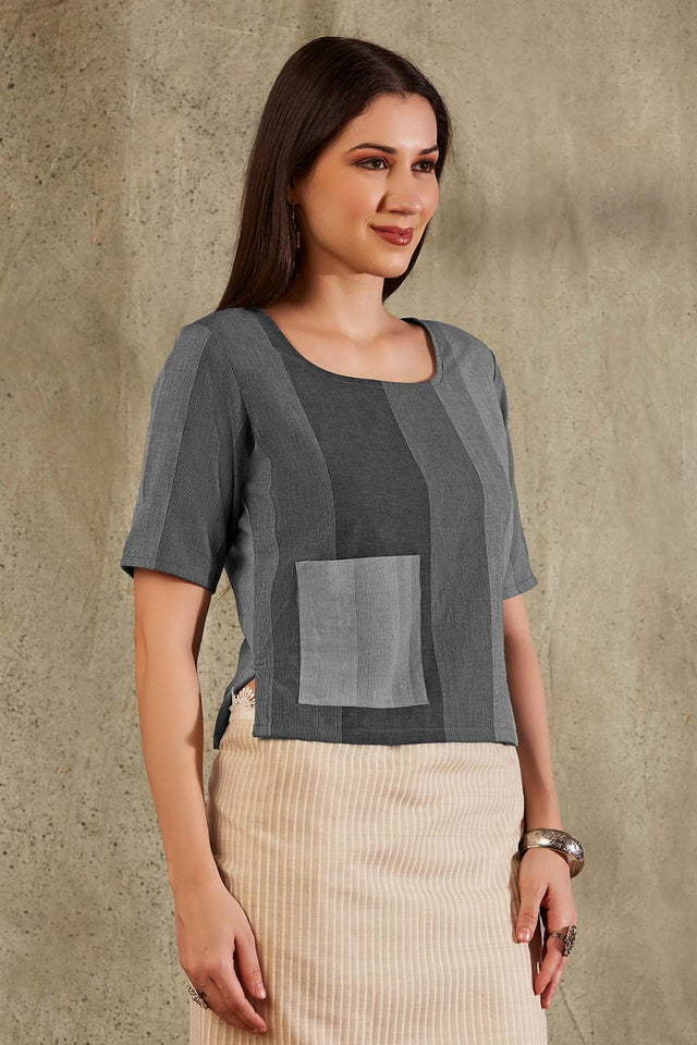 Grey Cotton Printed Elbow Sleeves Blouse