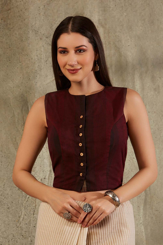 Maroon Cotton Woven Design Sleeveless Blouse