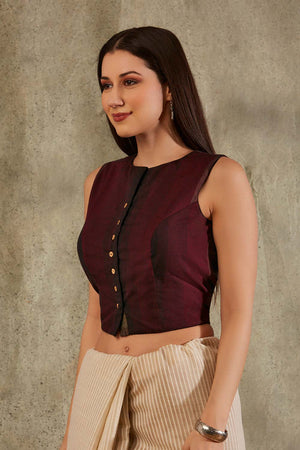 Maroon Cotton Woven Design Sleeveless Blouse